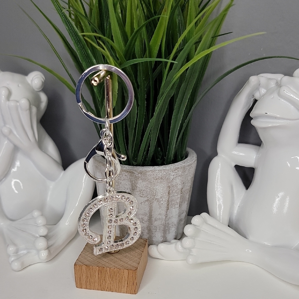 Letter B Initial B Alphabet B Rhinestone Silver Key Chain Bag Charm - Picture 5 of 6